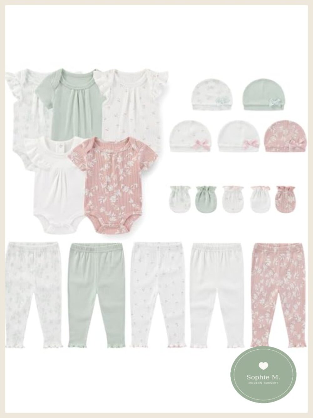 Newborn Layette Gift Set 20-Piece Cotton Bodysuits Pants Caps Mittens